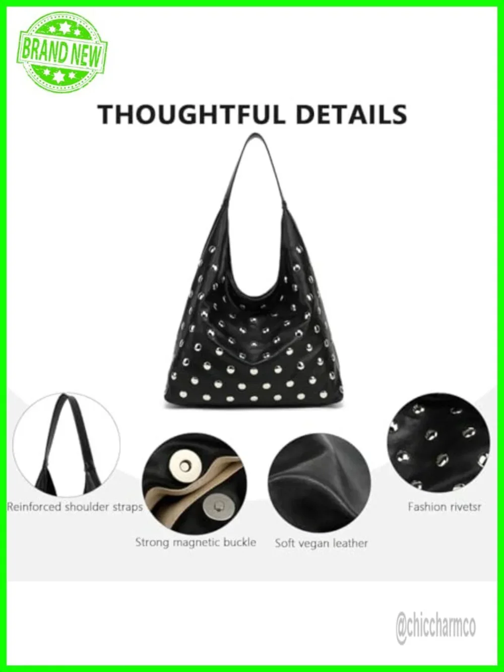 Studded Hobo Bag Vegan Leather Tote Purse Slouchy Shoulder Bag